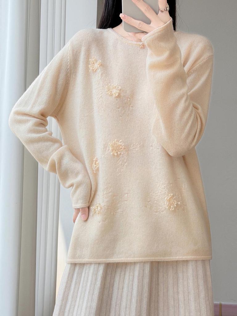Women's Pure Wool Firework Embroidered White Sweater - Autumn/Winter Loose Knit Pullover
