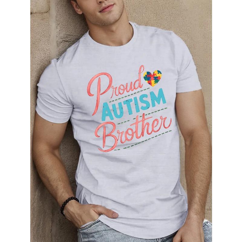 

Proud Autism Brother Men s T-Shirt - Casual Short Sleeve, Breathable , Geometric Print, Round Neck - Machine Washable Summer Top S белый