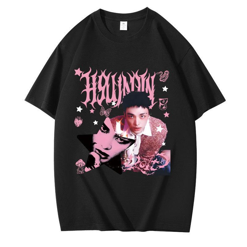Mode Sommer Y2k T-Shirt Kpop DO IT Bangchan Hyunjin Bedrucktes Kurzarm Damen Oberteil Sportlich Lässig für Jungen Mädchen Fan Geschenk