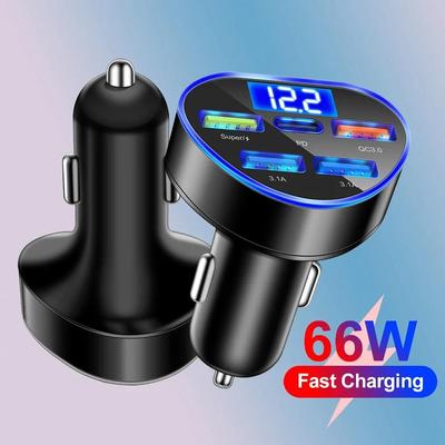 66W 5 Ports USB Car Charger Fast Charging QC3.0 PD Quick Charge LED Volt Display Cordate Auto Mobile Phone Charging Adapter For Smart Phones