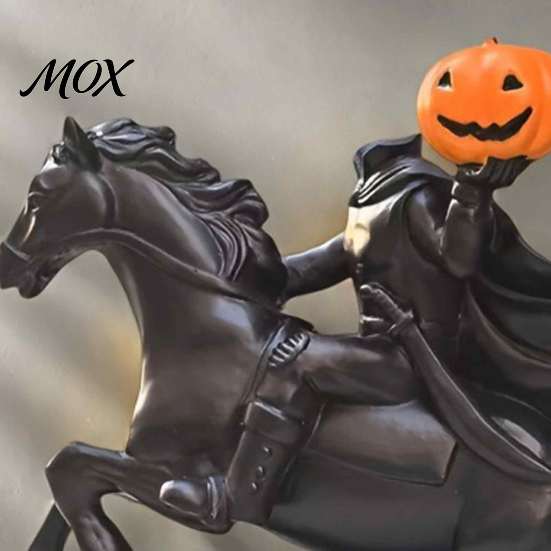 Horseman Riding Horse Statue Halloween Headless Statue, Gothic Knight Black with Window Display Props Pumpkin Lantern, Spooky Resin Festive Decor for