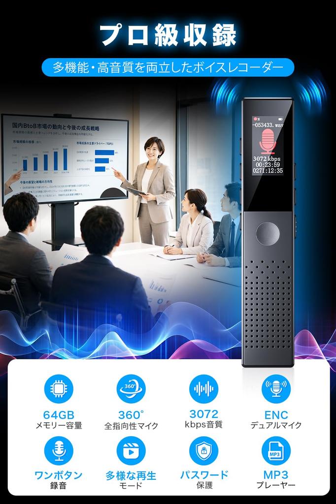 Voice Recorder, Compact IC Recorder [2026 New Release & 64GB Large Capacity & 3072kbps Sound Quality] Recording Device, Compact, Long Recording Time,