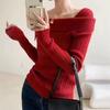 Mode Elegant Quadratischer Ausschnitt Gestrickter Pullover Damen Pullover Einwortschulter Herbst Winter Langarm Oberteile Einfarbig Lässiges Lockeres Hemd Kleidung