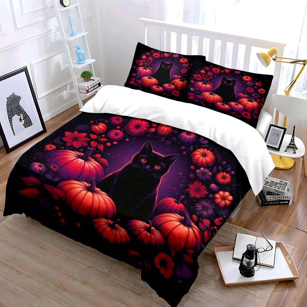 Halloween Cat Pumpkin Decor Soft Comfortable Duvet Cover Bedding Set Included 1*Duvet Cover & 2*Pillowcases, Gift