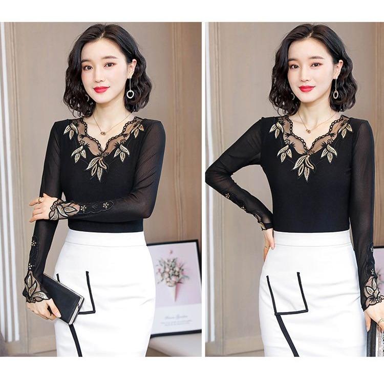 Elegant Lace Long Sleeve Top Women Spring Autumn Slim Fit Sheer Mesh Blouse Fashion Inner Wear