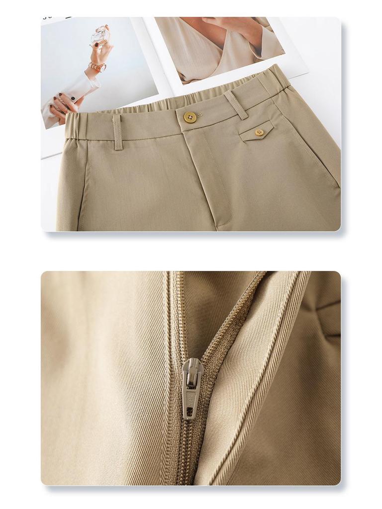 Women's Khaki High Waist Wide Leg Cropped Pants - Spring/Autumn 2025 Casual Slimming Trousers