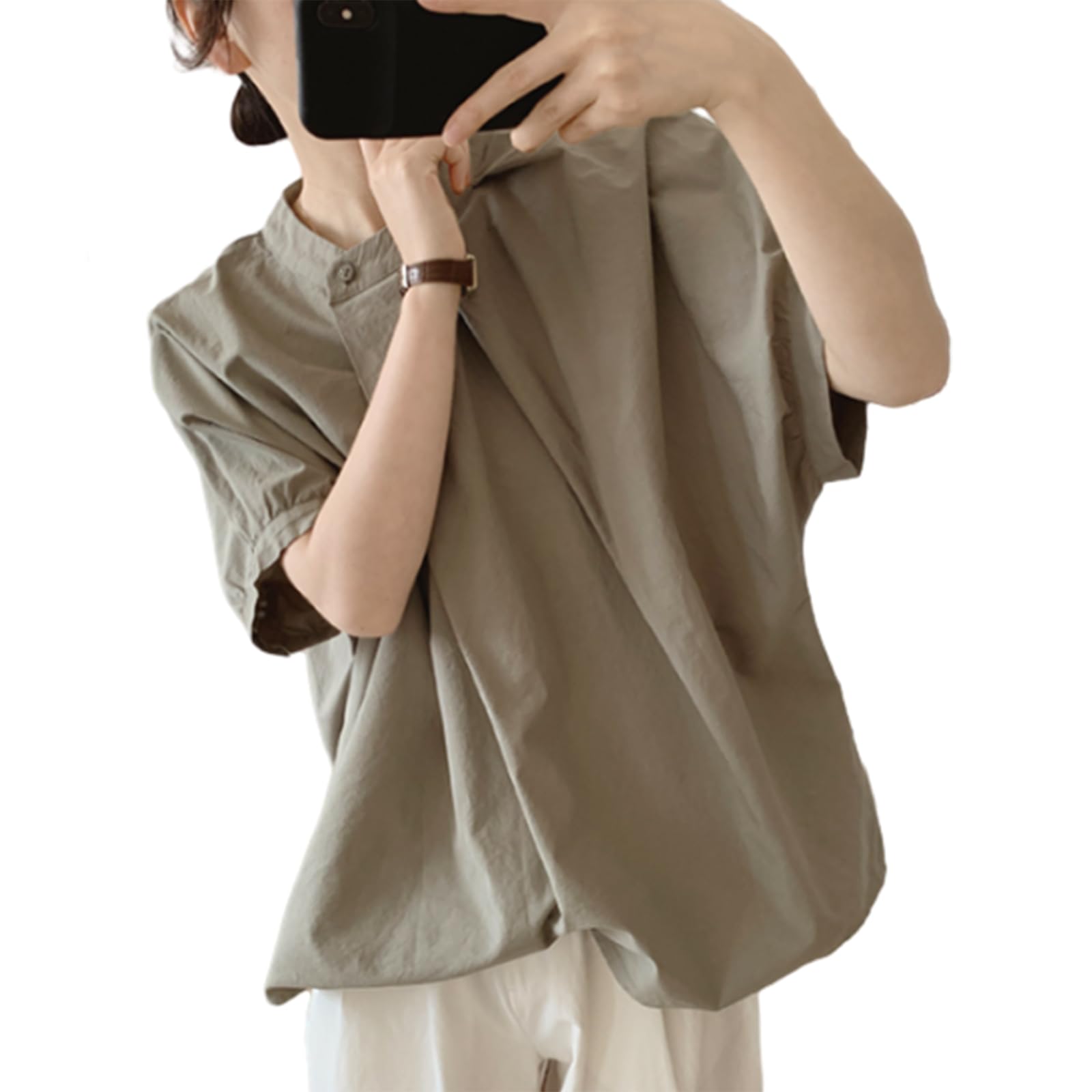 

ORWZDCO Round Short Sleeve Loose Irregular Solid Office Everyday Women s Shirt, Neck, 3/4 Sleeve, Blouse, Fit, Pattern, Color, Slimming, Wear, Simple, серый