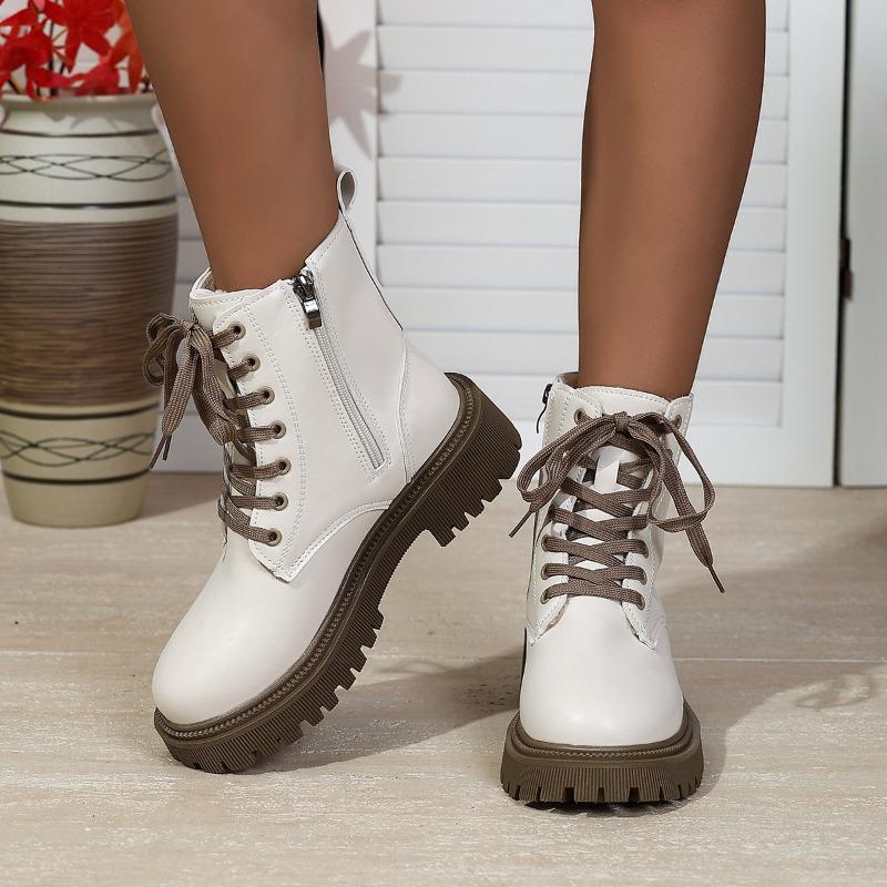 Winter New Martin Boots Women's Medium Heel Fashion Large Size Short Tube Lace-up Short Boots Women
