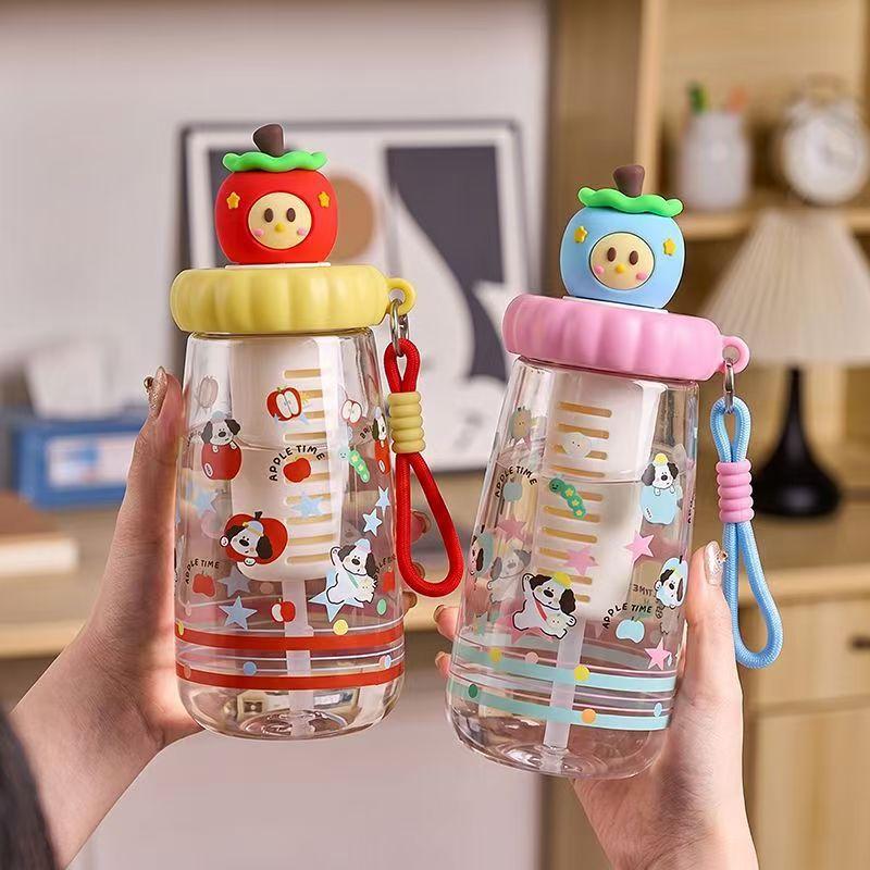 Water bottle cute apple doll plastic cup summer high value straw cup girls make tea leak-proof portable accompanying water cup