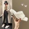 French Slope Heel Open-toed Fluffy Slippers Women's Autumn and Winter Wear Muffin High-heeled Cotton Slippers