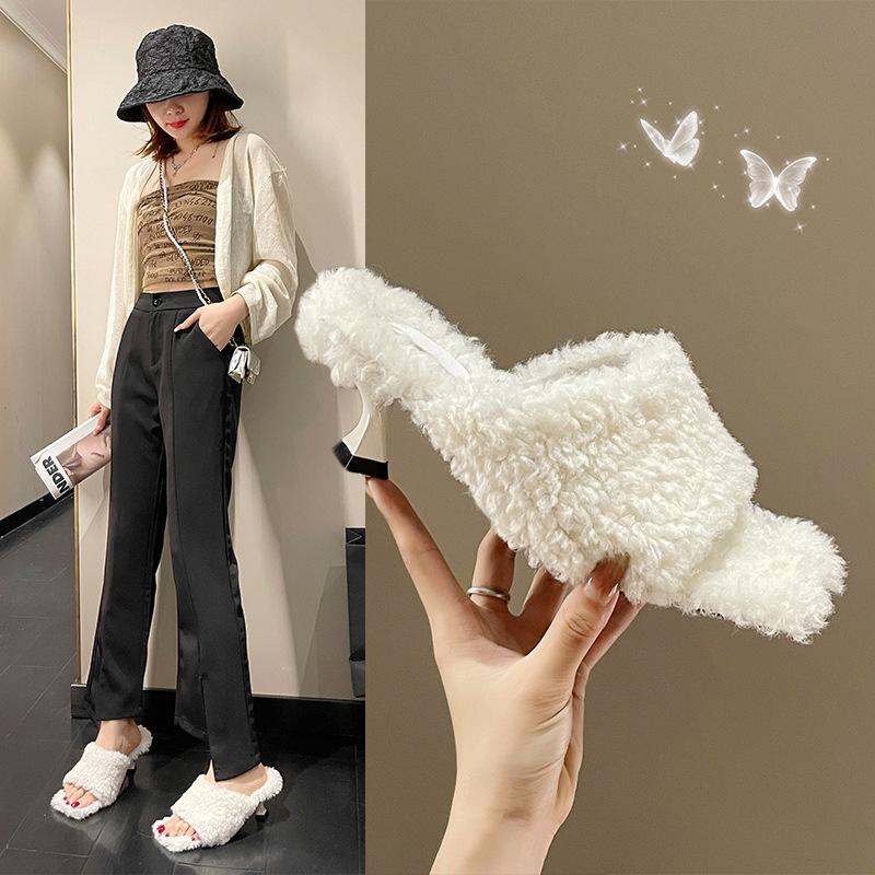 French Slope Heel Open-toed Fluffy Slippers Women's Autumn and Winter Wear Muffin High-heeled Cotton Slippers