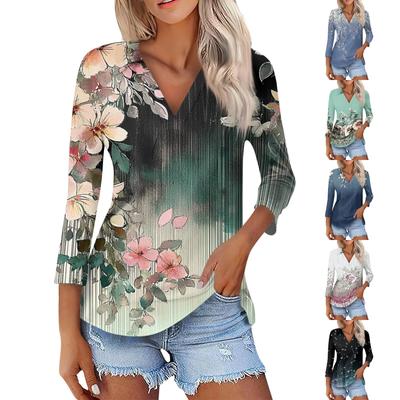 Women's Summer Fashion Casual  Print V-Neck Three Quarter Sleeve  Shirt Top