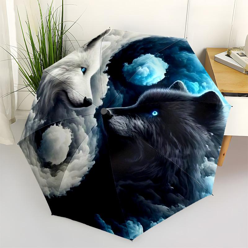 1pc Wolf YinYang Automatic Open/Close Umbrella Compact Folding Umbrella, All-Season Portable Umbrella for Women/Men096