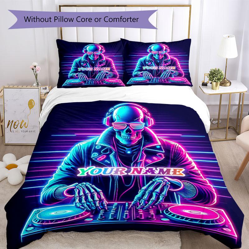 3pcs Custom Name Neon Skull DJ Vibes Bedding Set Printed Bedding Set Duvet Cover Closure Includes 1 Duvet Cover & 2 Pillowcases Bedroom Decor