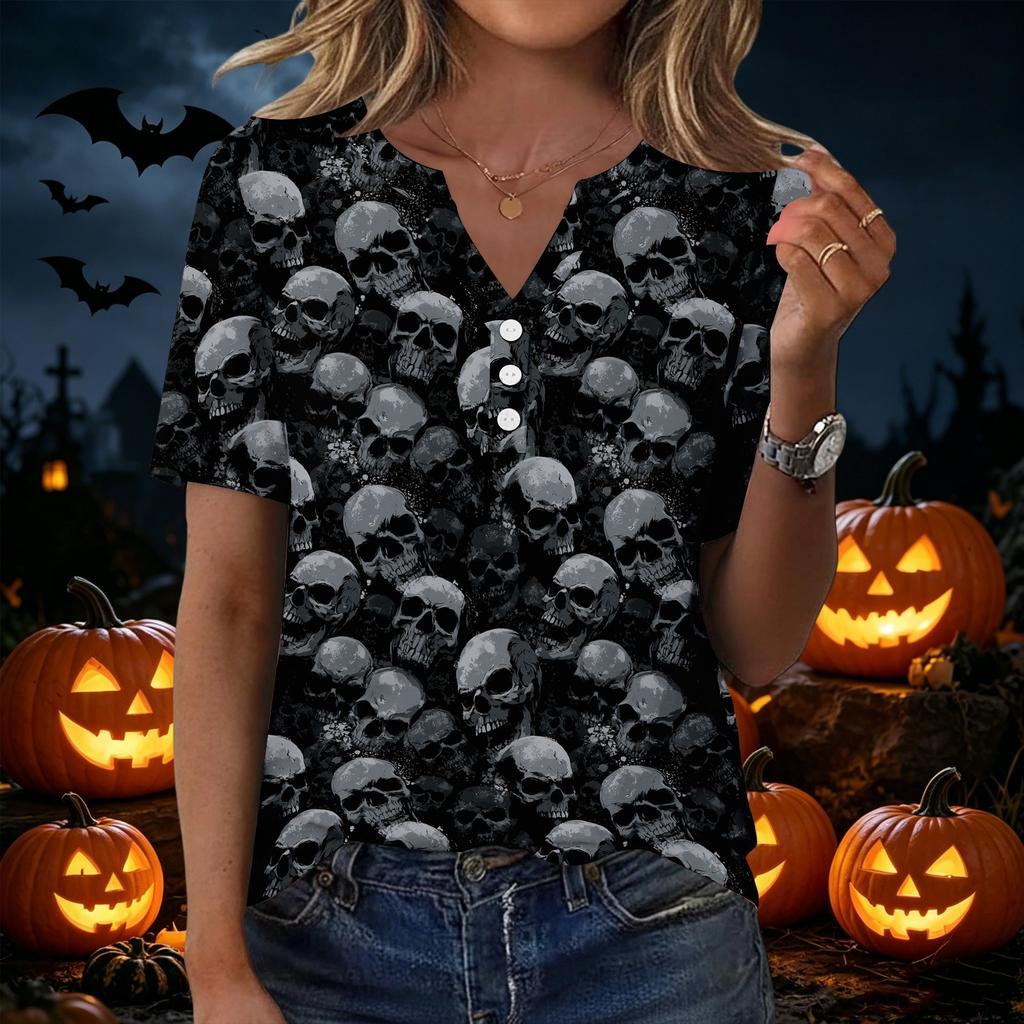Women's Casual Print V-Neck Short Sleeve T-Shirt with Decorative Buttons