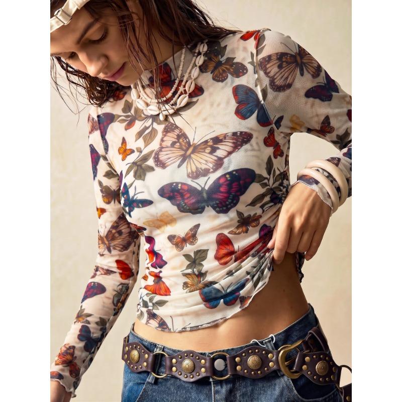 Butterfly Print Mesh Mock Neck Slim Fit Long Sleeve Top