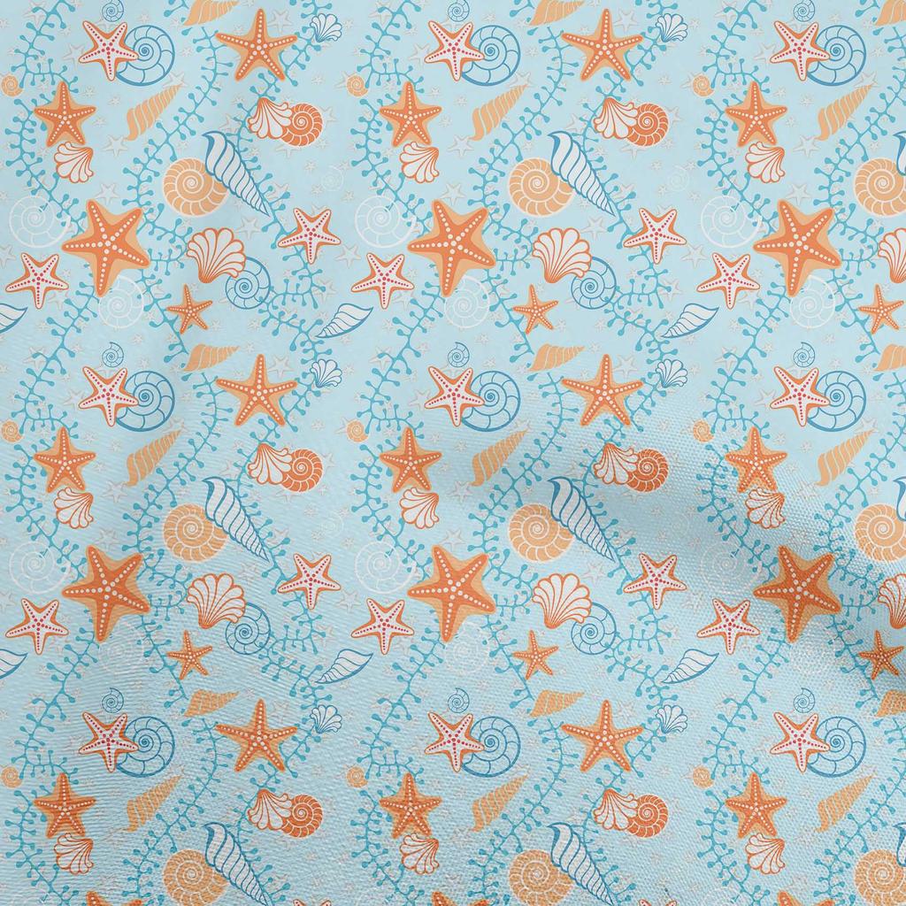 oneOone Cotton Flex Baby Blue Fabric Beach Seashell Quilting Supplies Print Sewing Fabric By The Yard 40 Inch