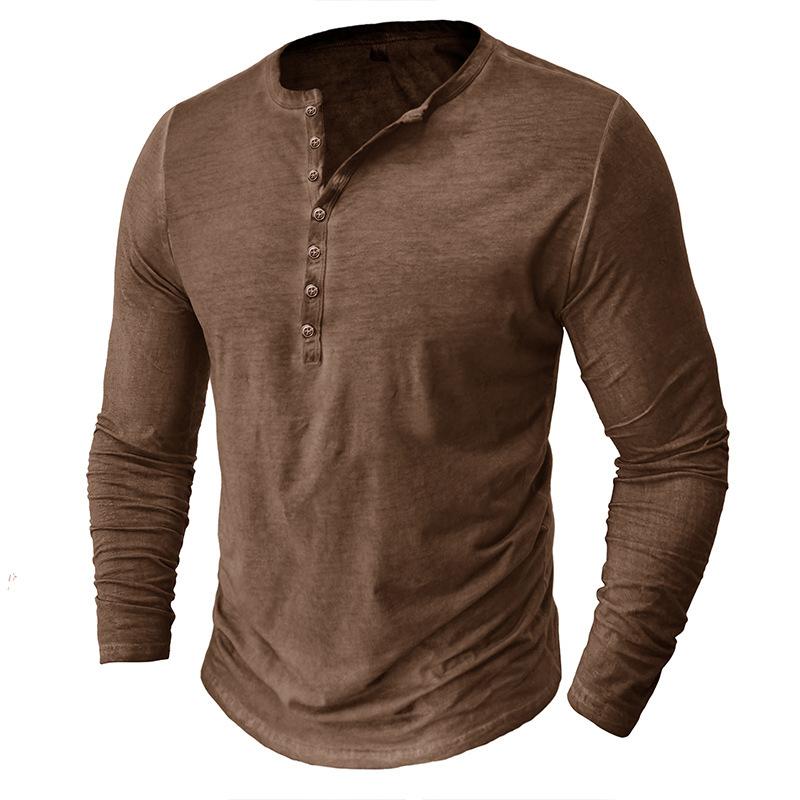 Camiseta Henley Masculina Vintage de Algodão com Manga Longa