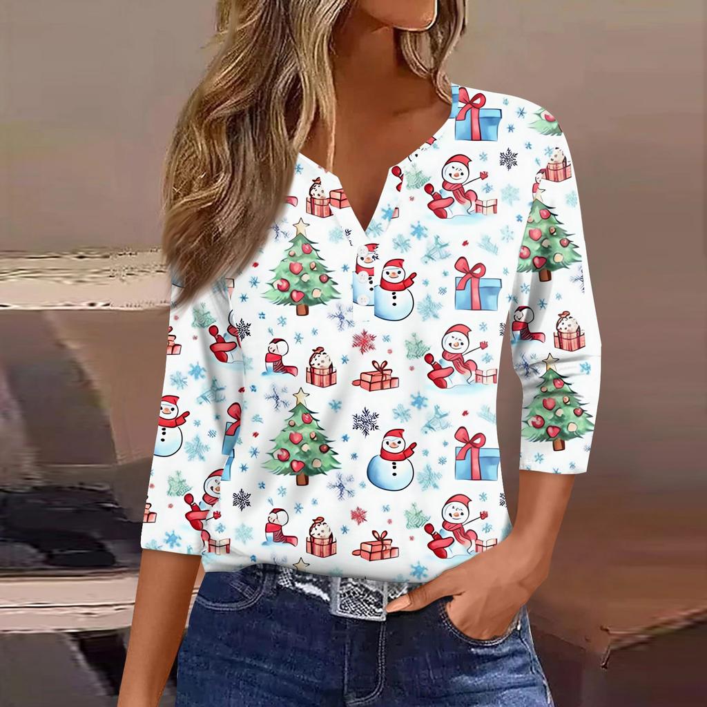 Women's T Shirt Tee Christmas Printed Button 3/4 Sleeve Tunic Daily Weekend Fashion Basic V- Neck Regular Top