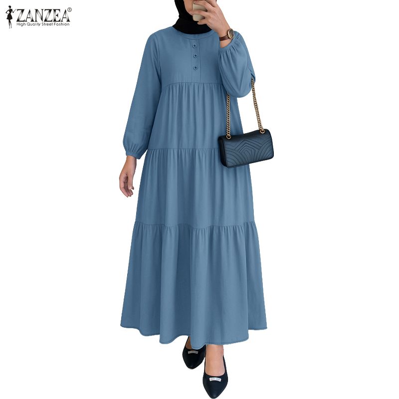 

ZANZEA Женское повседневное платье с круглым вырезом, однотонное, с длинным рукавом, длинное 3XL синий