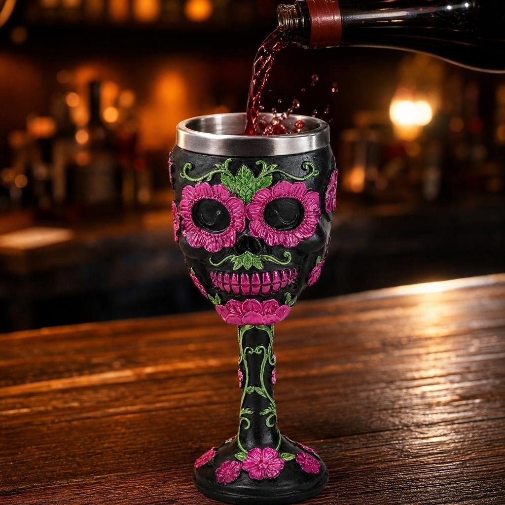 Resin Skull Rose Goblet with Stainless Steel Insert High Stem Barware for Spirits and Cocktails Unique Gothic Style Wine Glass