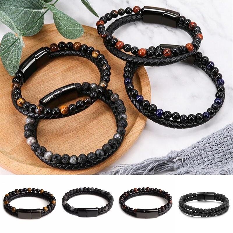 21cm Double Men Layered Volcanic Stone Beaded Bracelet Alloy Clasp Leather Faux