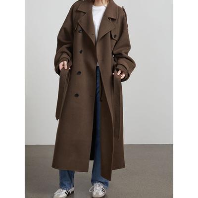 Palton Lână Stradal pentru Femei cu Centură Rever Larg Rând Dublu Mânecă Lungă Paltoane Lungi Toamnă Iarnă 2024 Trenci Damă