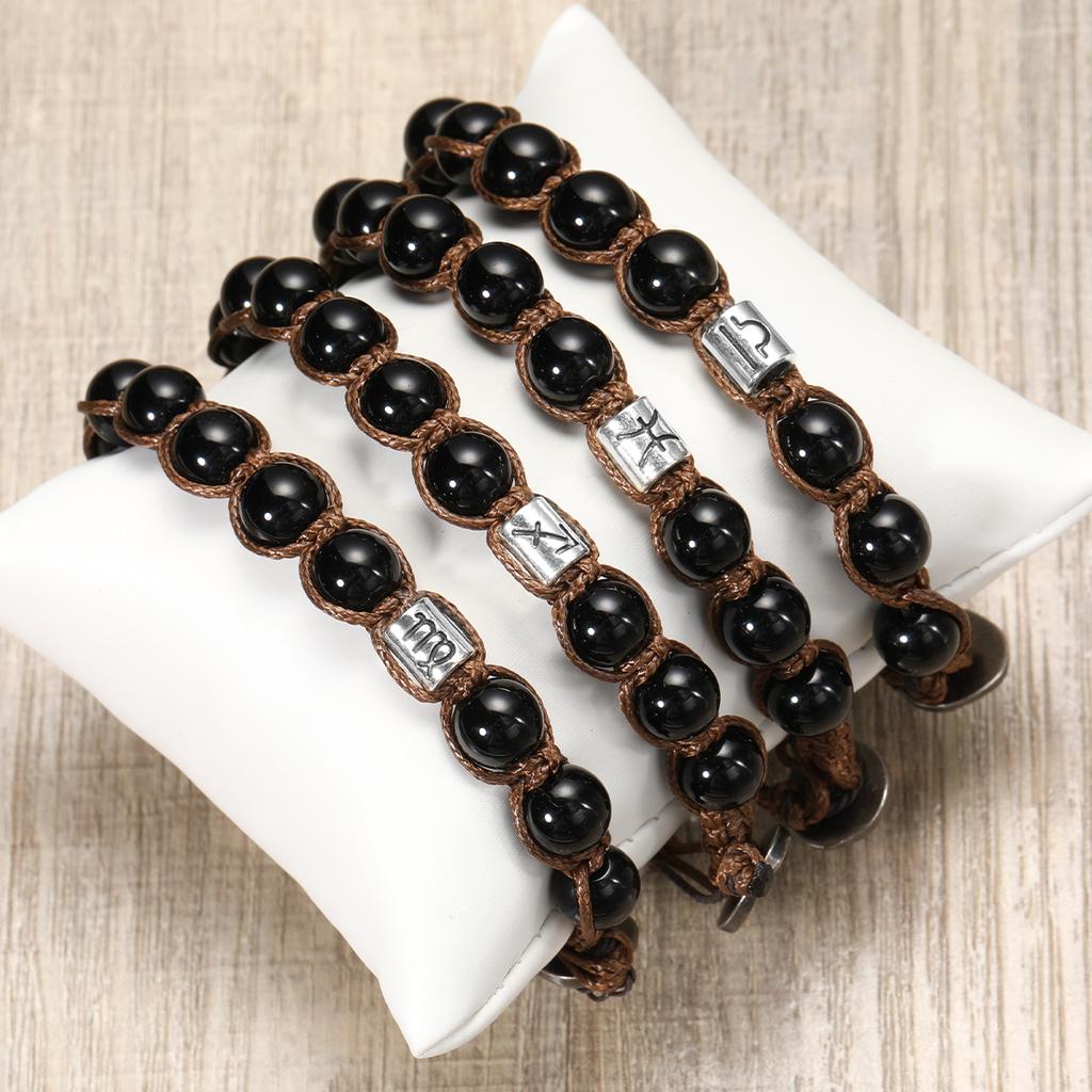 12 Zodiac Natural Stone Obsidian Hand-Woven Bracelets Cancer Pisces Men's Bracelets Couples Friendship Jewelry Pulseras Hombre