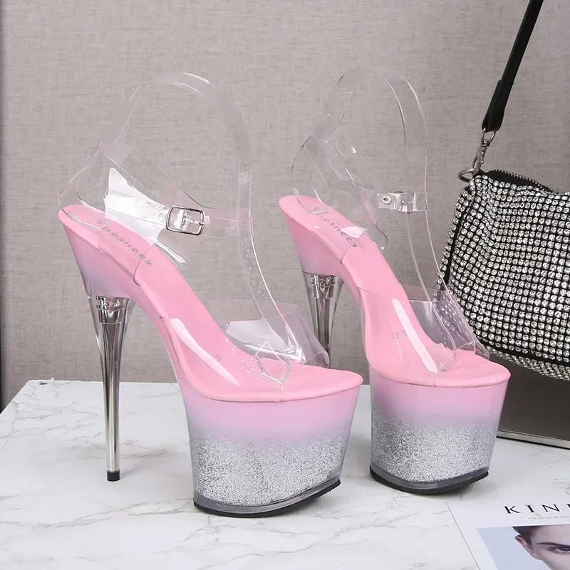Fashion Transparent Sandals Women Crystal Heel Waterproof Platform High Heels Word Thick-heeled 17CM Car Model Shoes Slippers Women