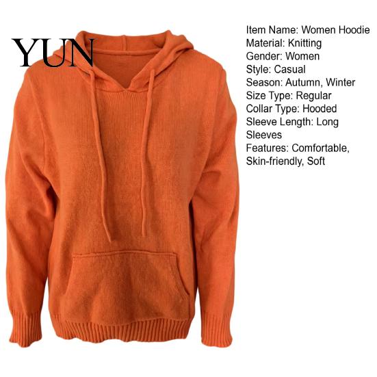 Daily Wear Hoodie Women Knit for Fall Winter, Long Sleeve Pullover Sweater Cozy Autumn Outerwear with Front Pocket, Solid Color Casual Hooded Top