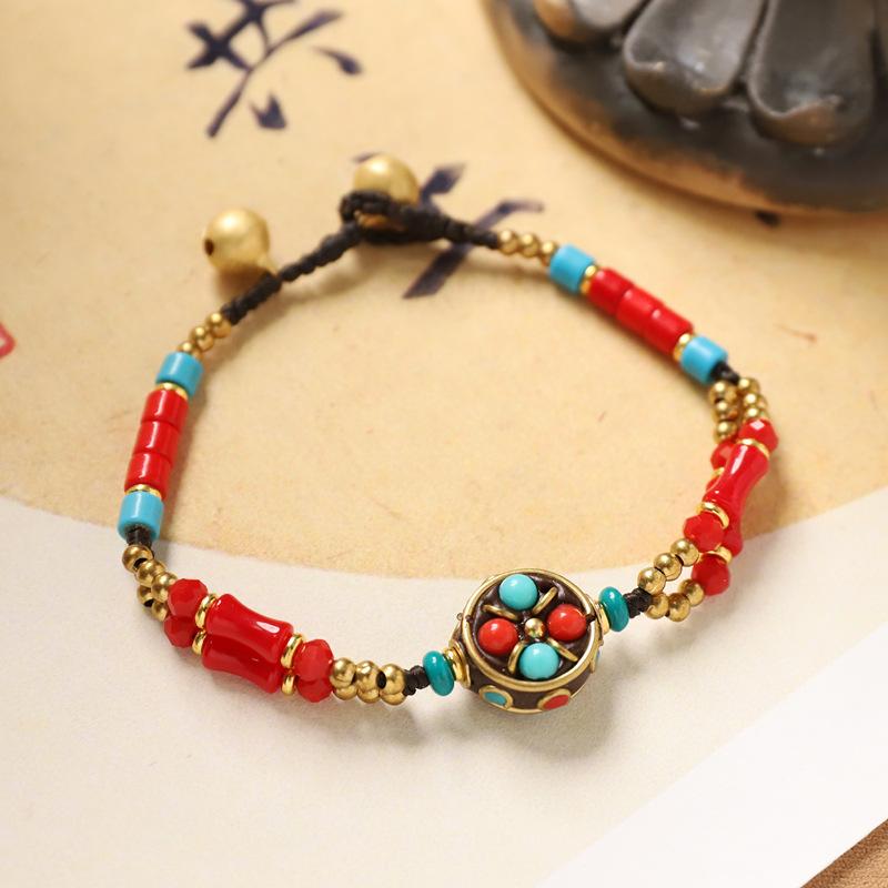 

Double-layer woven Tibetan Nepalese bracelet men s and women s retro hand rope Exotic wind bell bracelet.