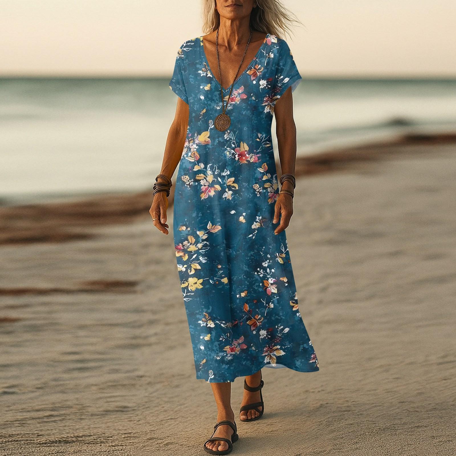 

Летнее платье Женское длинное платье бохо для пляжа Элегантное платье макси V-образный вырез Короткий рукав Летнее платье-туника Легкое воздушное S синий