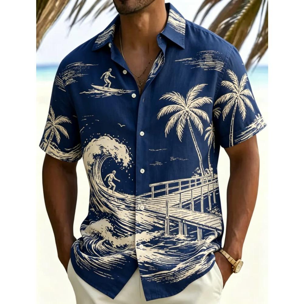Heren Retro Hawaïaanse Scène Vakantie Korte Mouwen Shirt, Voor Zomerkleding, Casual Activiteiten