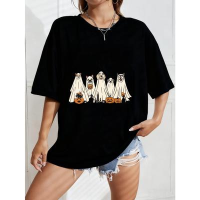 Biały T-shirt z okrągłym dekoltem z nadrukiem psów w kostiumach ducha z dyniami i nietoperzami na Halloween do noszenia na co dzień