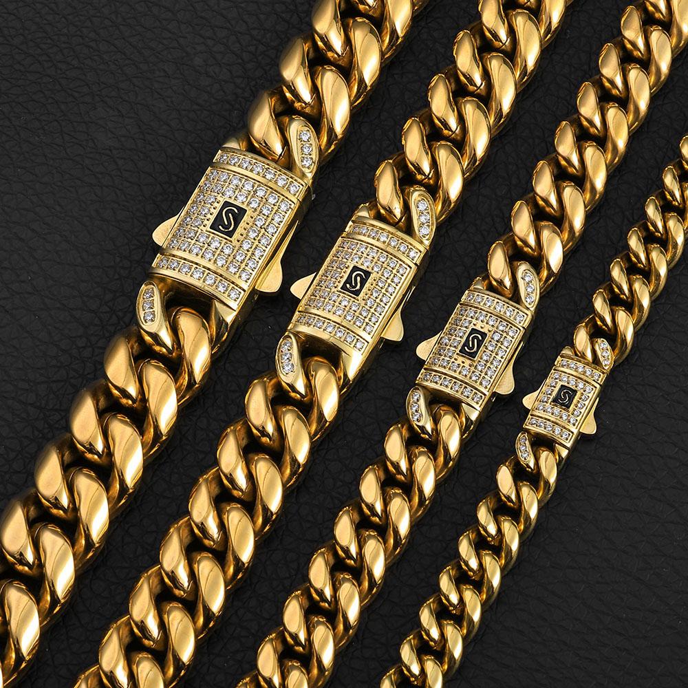 Stainless Steel Bracelet Miami Cuban Plated 14K Gold CNC Men's Jewelry High Polished 14MM Chain Luxury Gift