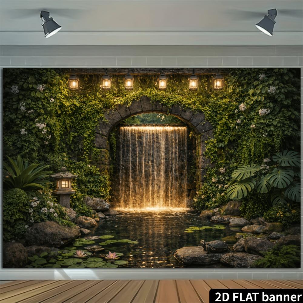 2D Planar Courtyard Water Feature Theme Banner Background - Secret Garden Stone Archway Waterfall Theme Polyester Material