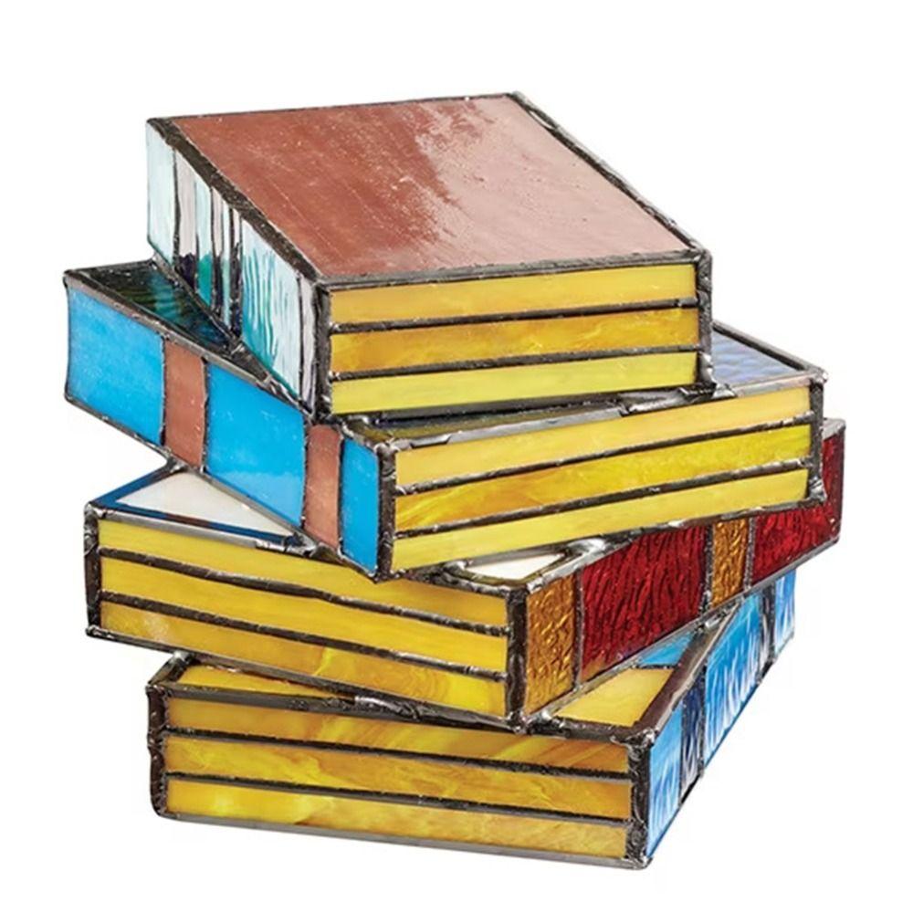 Colorful Design Stacked Books Lamp Resin Handicraft Stained Glass Lamp Stacked Books Design Stained Glass Desk Reading Lights