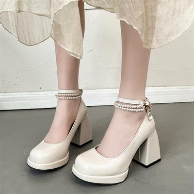 Modă Femei Tocuri Înalte Elegante cu Curea de Gleznă cu Perle Pantofi de Nuntă Vârf Rotund Francez Sandale Bej Femei Toc Pătrat Pantofi cu Toc pentru Rochie de Petrecere