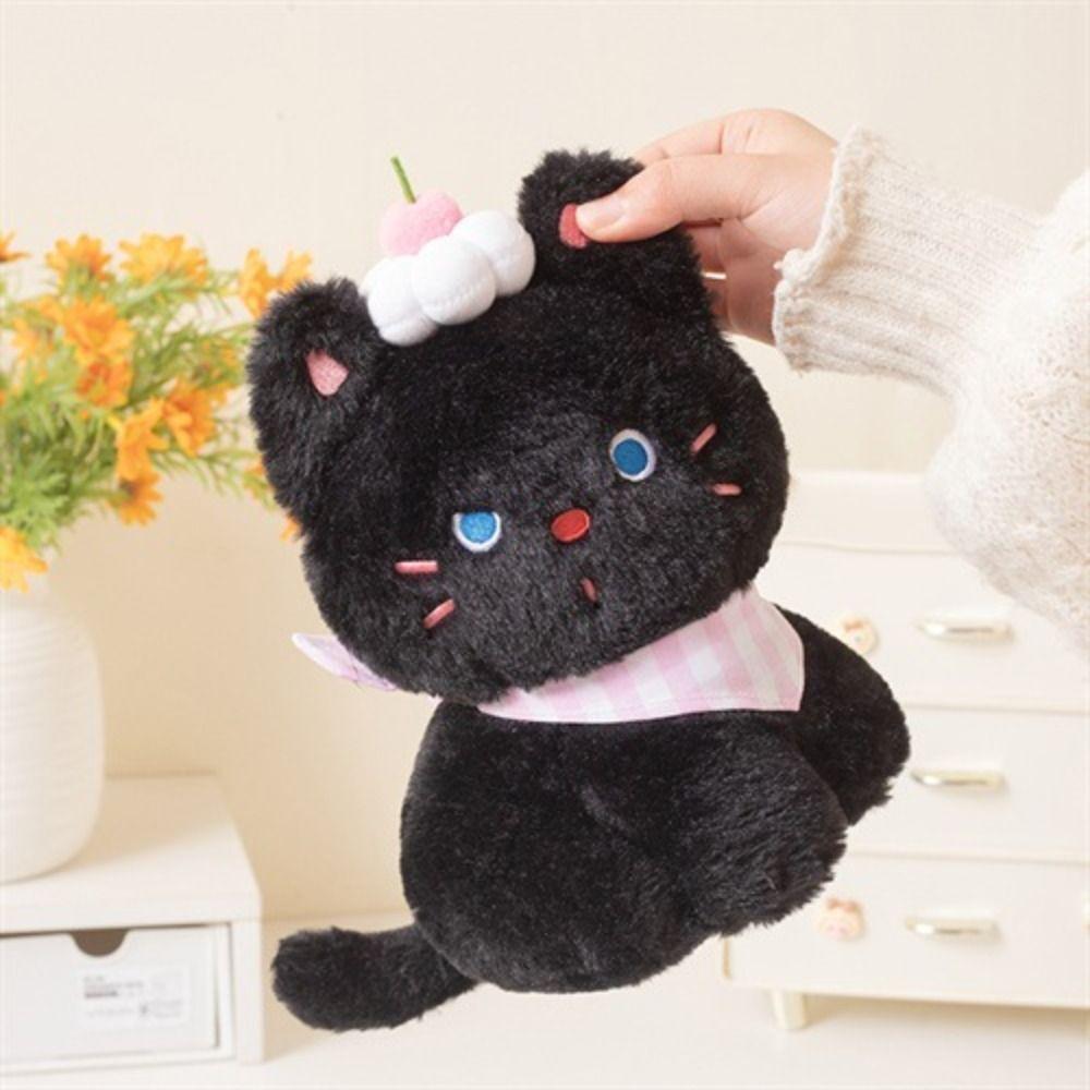 Sitting Pose Stuffed Black Kitten Doll with Cream Cake Meow Meow Plush Toys Kids Children