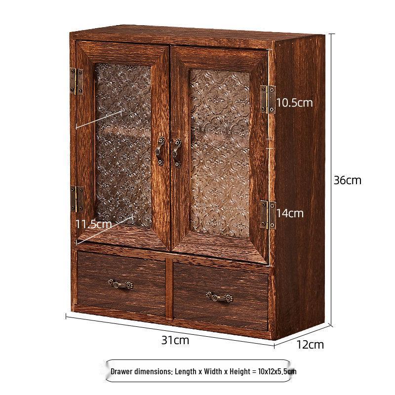 Solid Wood Glass Tea Set Display & Storage Box with Drawer