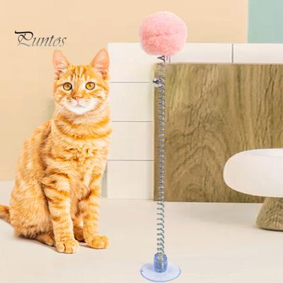 Zabawka dla kota sprężynowa z pluszową piłeczką i przyssawką na spodzie, pałeczka do zabawy dla kota z dzwonkiem, rozrywka dla kotów domowych