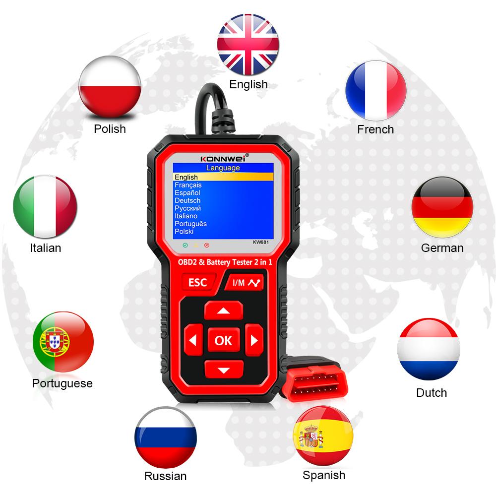 2025 KONNWEI KW681 Professional Car OBD2 Scanner Auto Diagnostic Tools 6V12V 2 In 1 Car Motorcycle OBD2 Battery Tester Tools