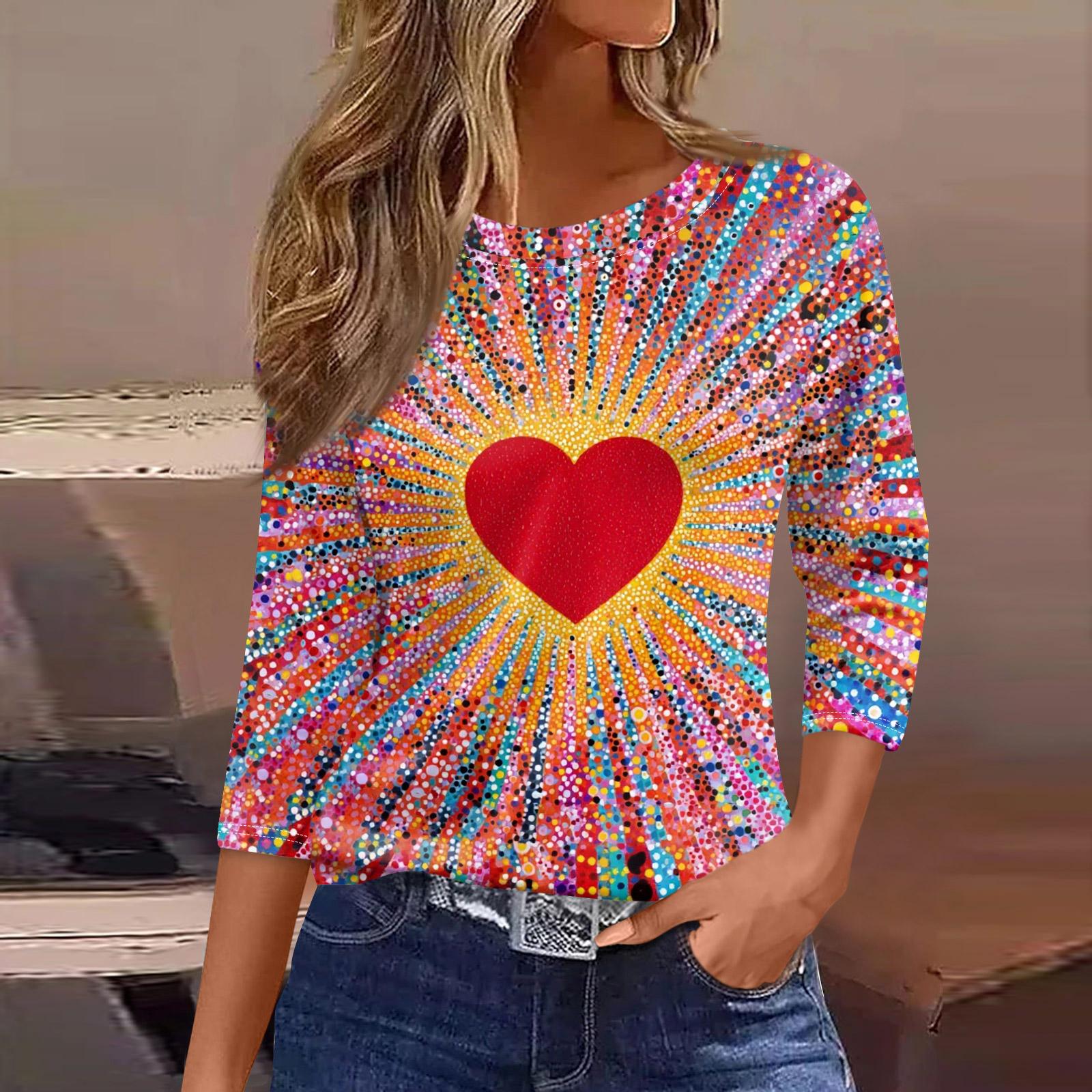 

Модний жіночий повсякденний топ з принтом і круглим вирізом з рукавом три чверті XXXL Кіновар