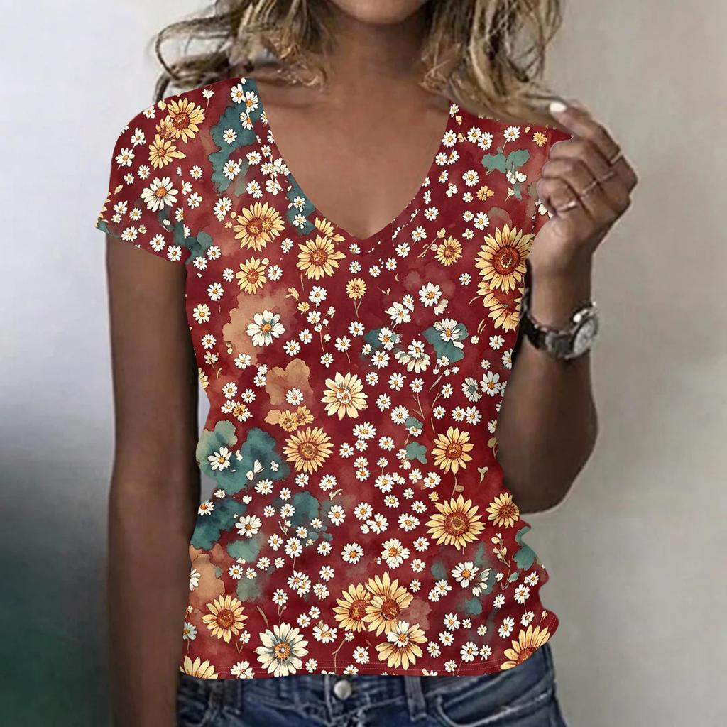 Women Casual V Neck Short Sleeve Floral Print T Shirt Lightweight Soft Fabric Summer Top Comfortable Fit