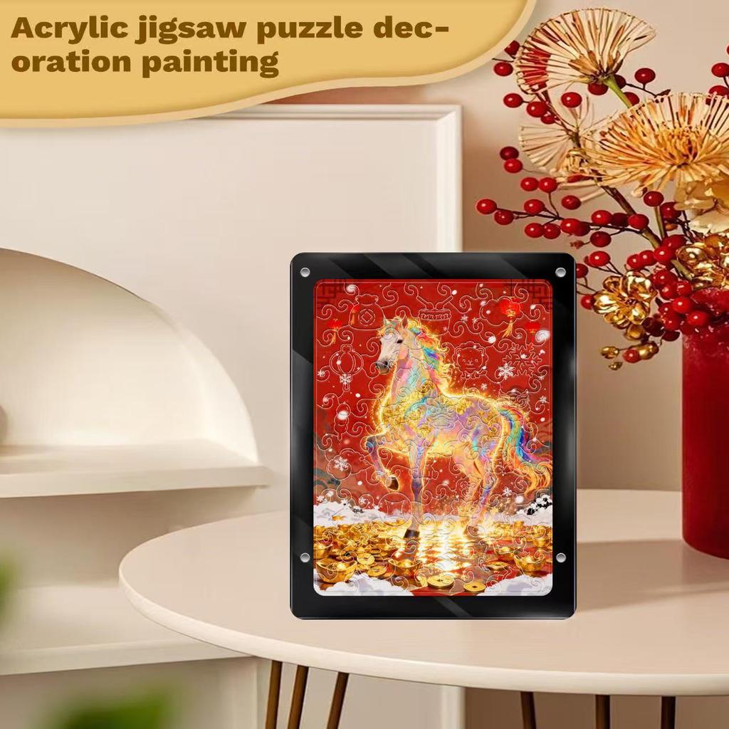 2026 Year of the Horse Irregular Puzzle Painting: Colorful Golden Horse Acrylic Desktop Ornament