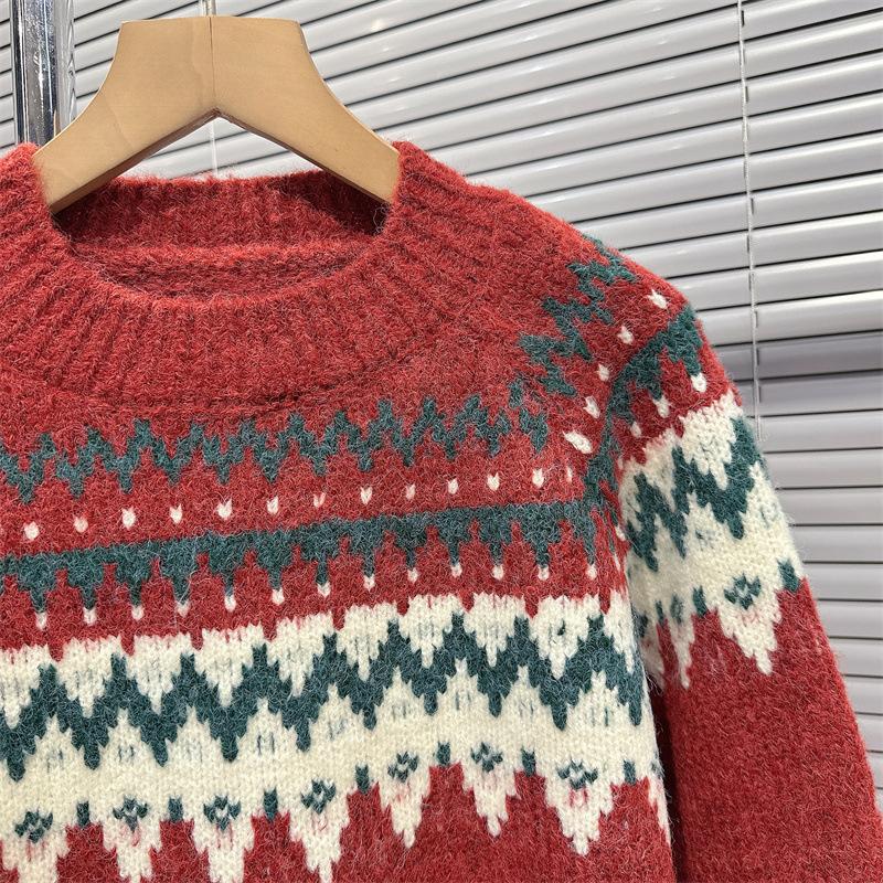 Christmas Atmosphere Sense Jacquard Pullover Sweater Women's Fall and Winter Loose Lazy Wind Soft Knit Sweater Tops