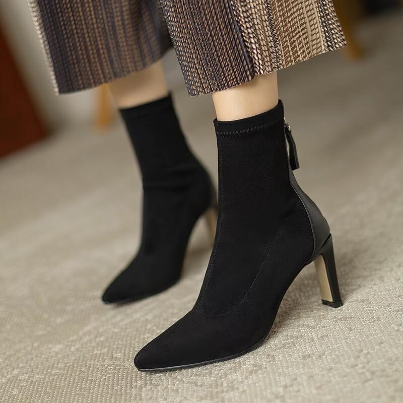 2025 autumn and winter new pointed suede splicing thin heel high heel rear zipper fashion breathable socks boots tide