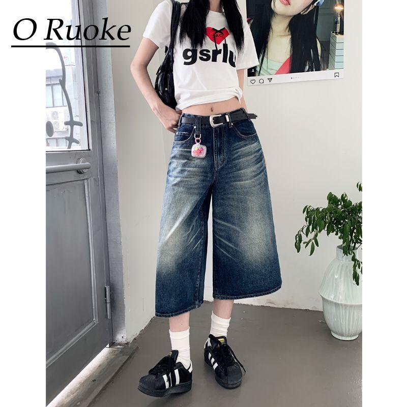 

American Retro Washed Cropped Straight-Leg Denim Women s High Waist Loose Wide Legs Casual Lazy Sense Middle Pants Fashion Blue XS