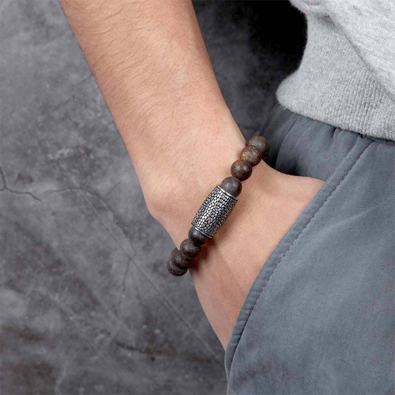 REPTILE BRONZITE BRACELET matt brown bronzite bracelet in 10mm with stainless steel reptile design element