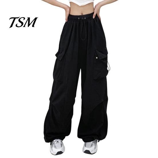 Trousers Women Cargo Pants Hip Hop Baggy Solid Color Multi Pockets Elastic Waist Match Top Loose Breathable Lady Clothes